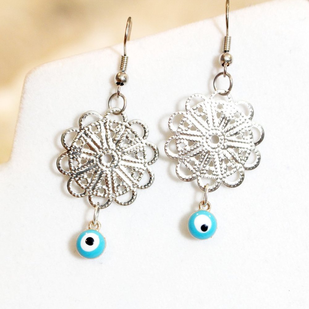Filigree Disc Drop Evil Eye Dangle Charm Earrings